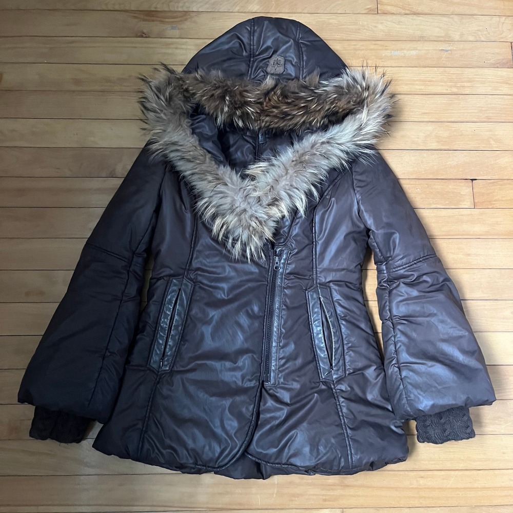 Mackage Brown Hooded Puffer Jacket Fox Fur Trim Knit Cuffs Size Small Womens